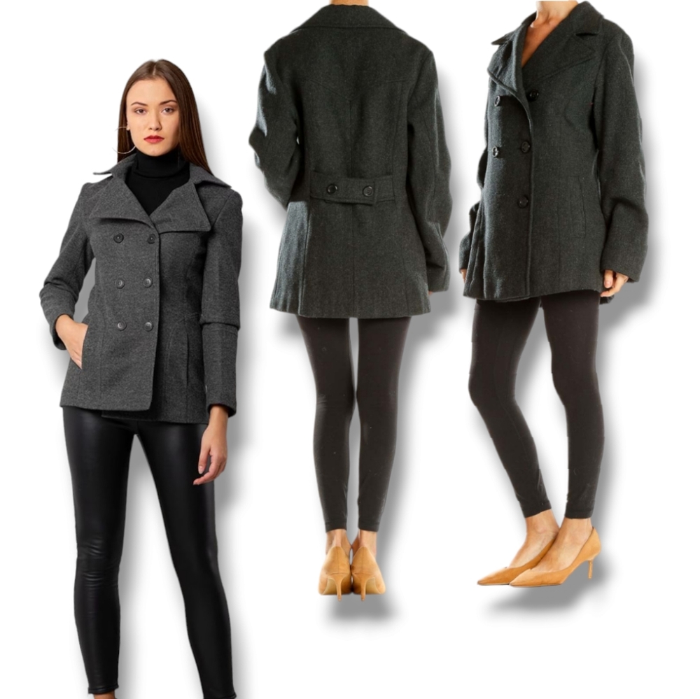 Women's Gray Charcoal Classic Double Breasted Wool-Blend Peacoat